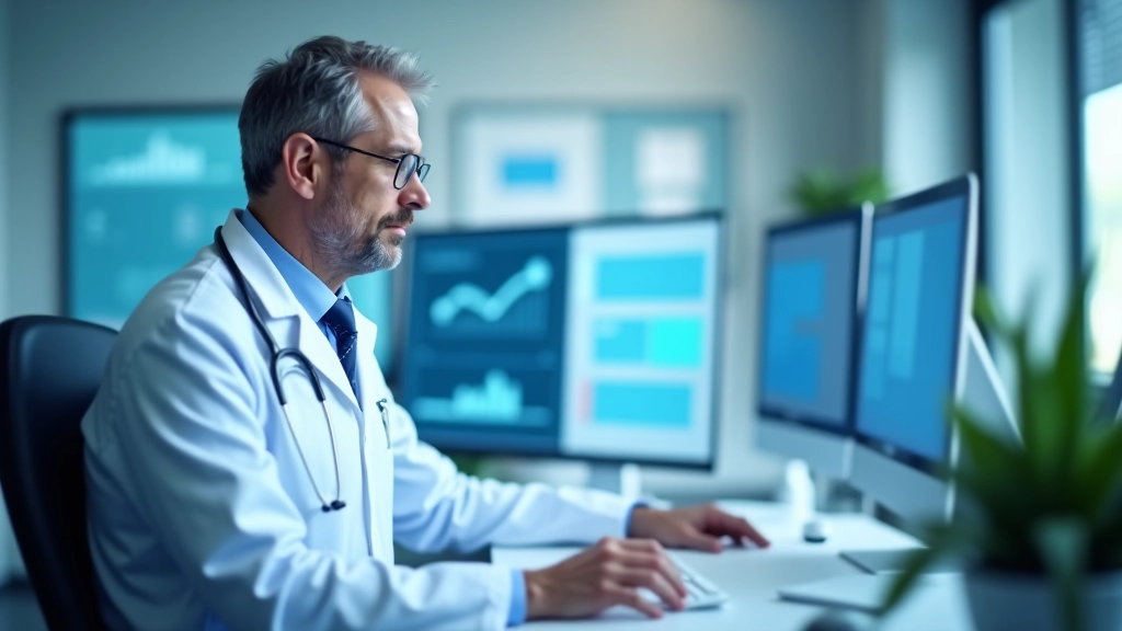 Medicinos klinikoj veikiantis kompiuterio monitorius su duomenų analize